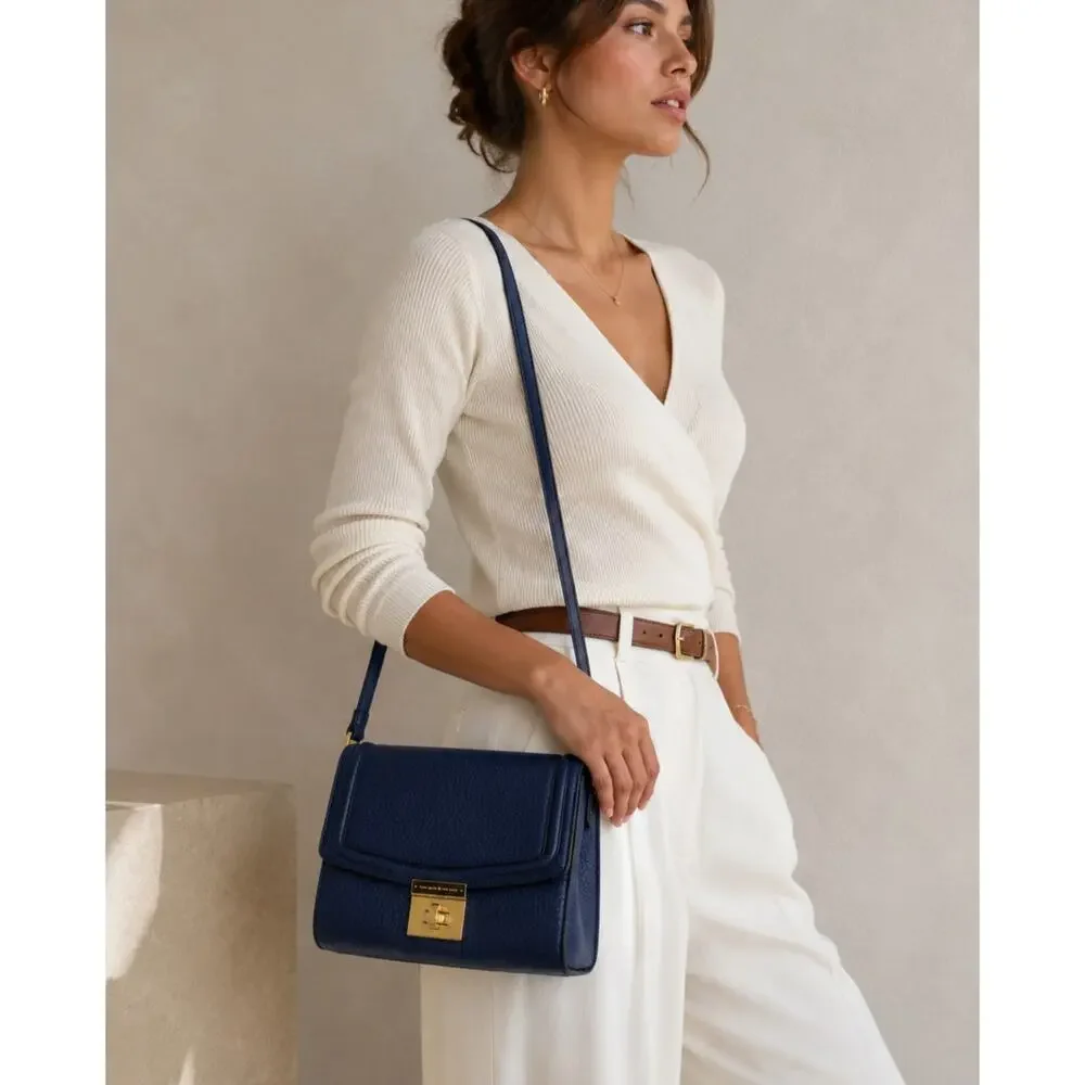 Kate Spade NY Merrick Blue Crossbody Handbag Pebbled Leather Purse Bag Gold